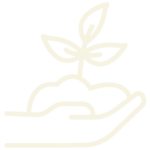 a cream color icon of an open hand holding dirt with a plant representing agriculture