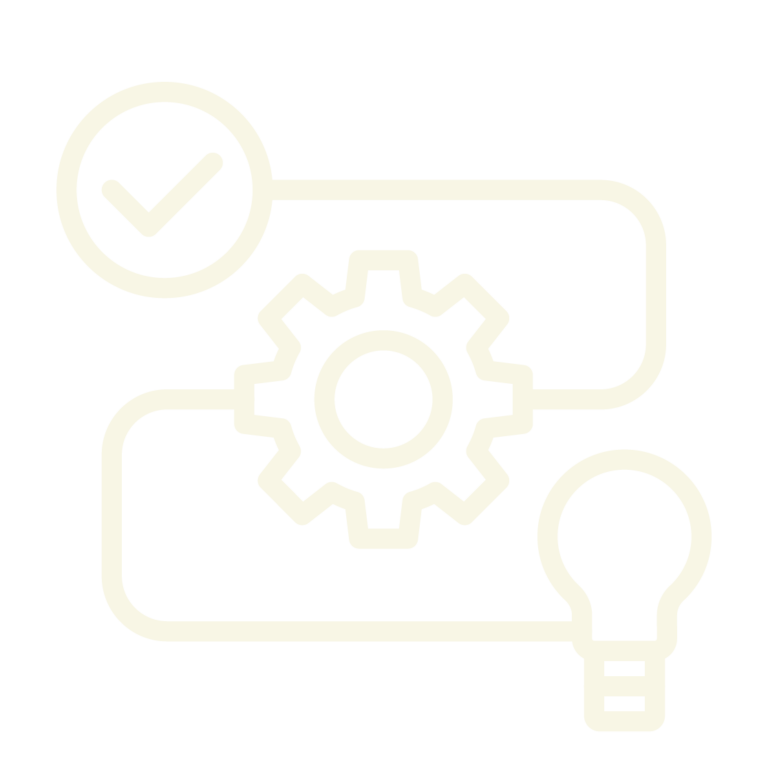 a cream color icon of a curved line with a lightbulb at one end, a gear in the middle, and a check mark at the other end representing a road map